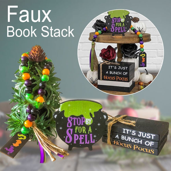 Witches Cauldron Sign Tiered Tray Decor Bead Garland Faux Book Stack