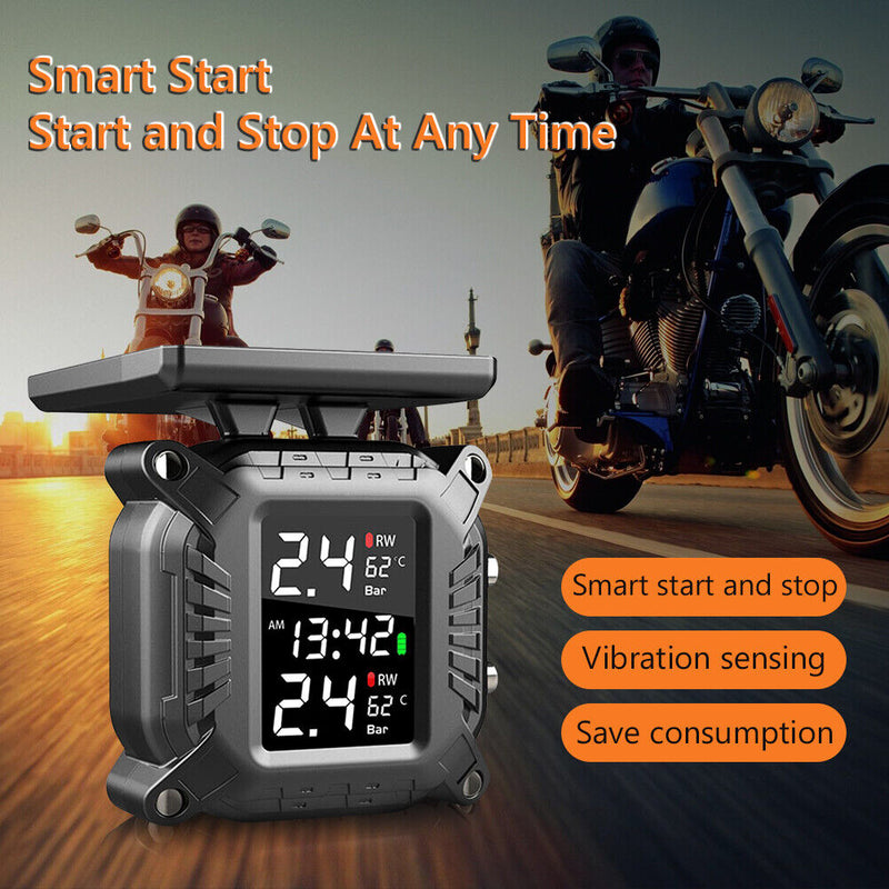 Solar Motorcycle TPMS Tire Pressure Monitoring System with 2 External Sensors
