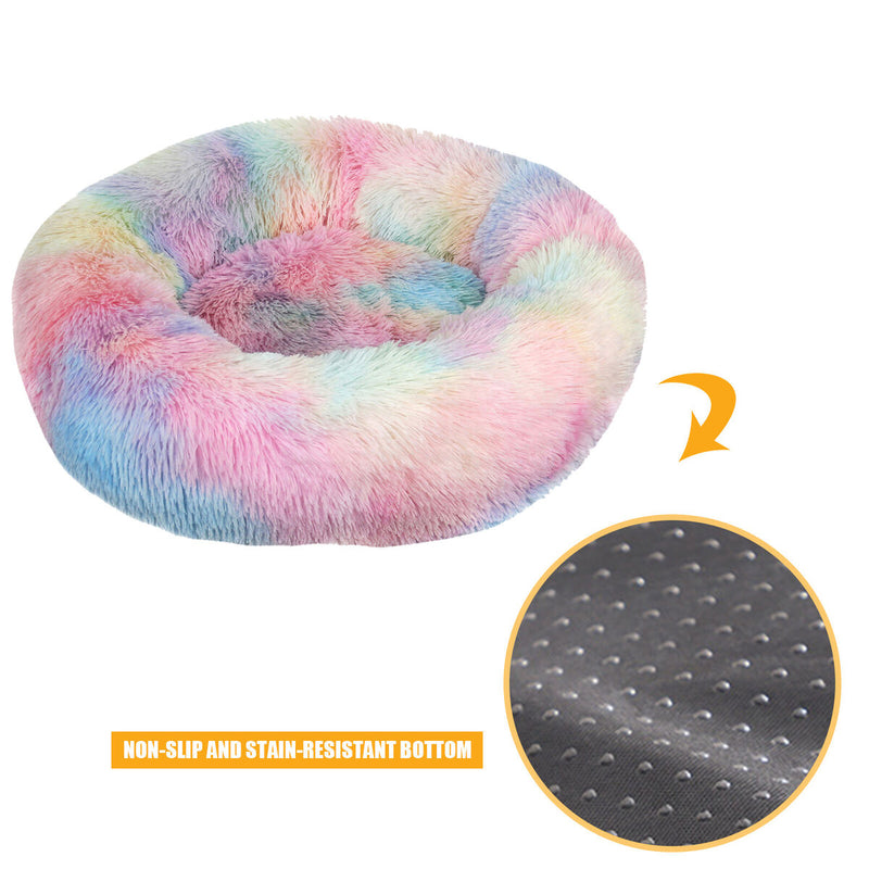 Calming Dog Bed - Round Faux Fur Donut Cuddler for Dog & Cat (Rainbow) Newly