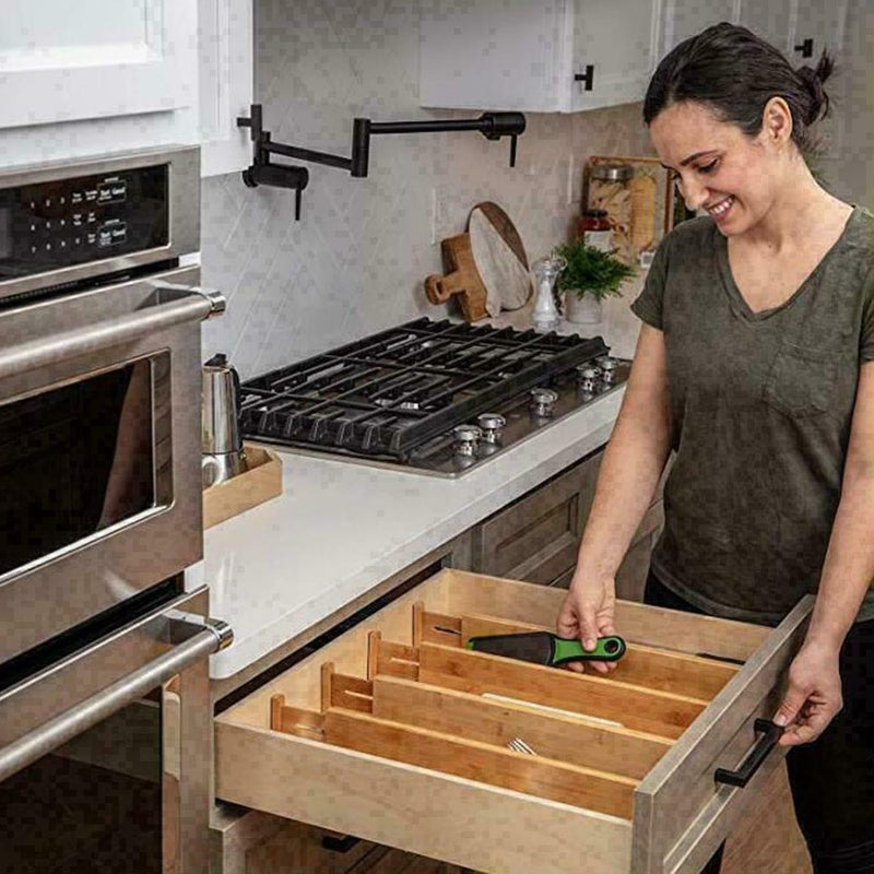 Kitchen Drawer Organizer Adjustable Divider Tray Storage Closet Z4B7 Bamboo X5H0