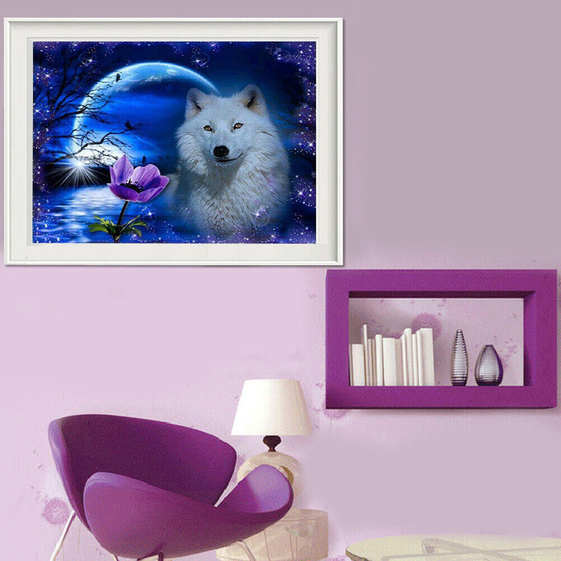 5D DIY Round Drill Diamond Painting Night Wolf Cross Stitch Embroidery Kit Newly