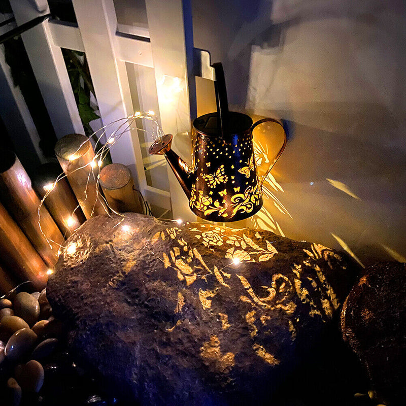 Solar Watering Can Lights Iron Hollow Art Lamp Outdoor Garden Decor (A)