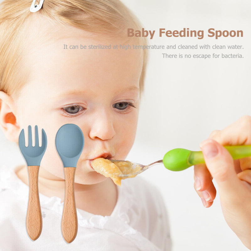 Baby Wooden Silicone Feeding Spoon Toddlers BPA-free Tableware (21) Newly