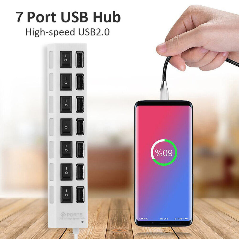USB Hub 480Mbps Multi USB 2.0 Adapter 7 Port Expander Splitter (White)
