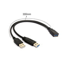 USB 3.0 Female to Dual USB Type A Male Extra Power Data Y Extension Cable Black