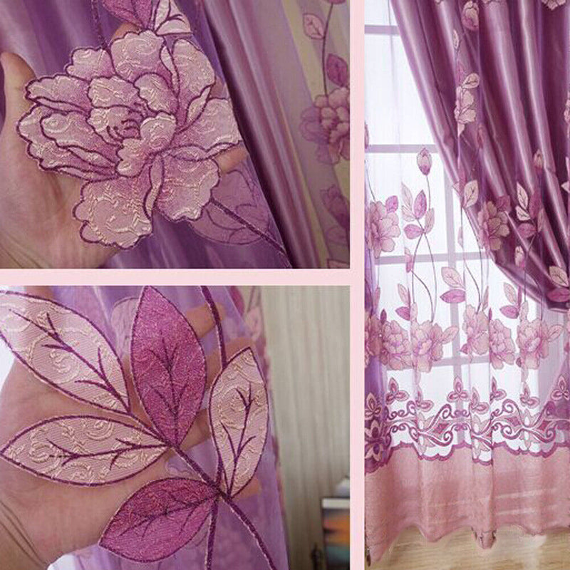 Floral Tulle Voile Window Screening Shading Window Curtain (Light Purple