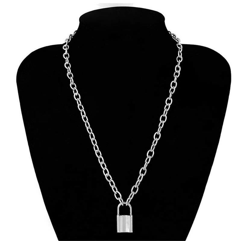 Steel  Chain Collar Statement Punk Choker Long Chain PadLock Pendant Necklace