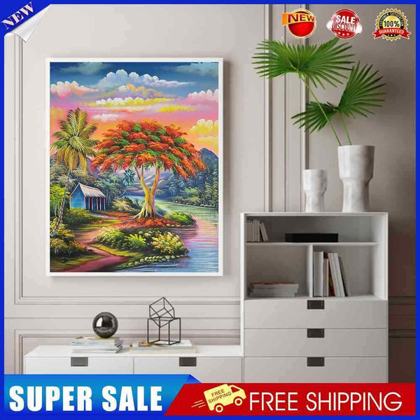 Quirky Tree Hut Oil Paint By Numbers Kit Frameless Drawing Picture Wall Dec