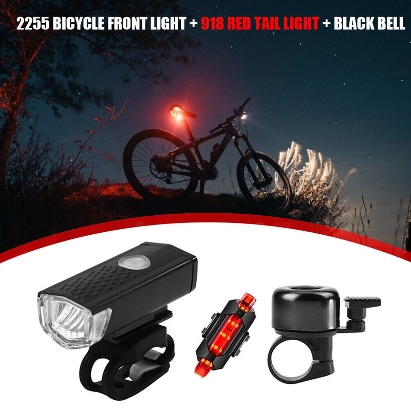 USB Rechargeable MTB Bike LED Light Set w/ Bell Waterproof Safety Warning Newly