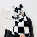 Female Fluffy Fashion Checkerboard Tote Bag Winter Mobile Phone Top-Handle Bag