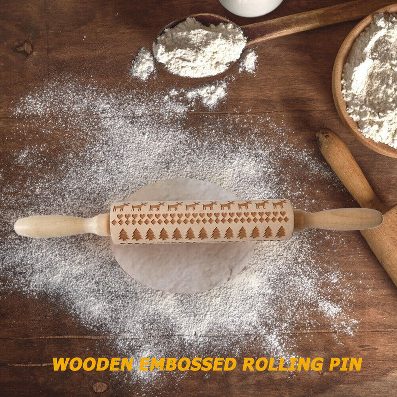 Christmas Elk Embossed Baking Cookies Noodle Roller Wooden Patterned Rolling Pin