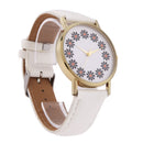Women Lovely Flowers Printed Leather Belt Quartz Strap Student Watch(White)