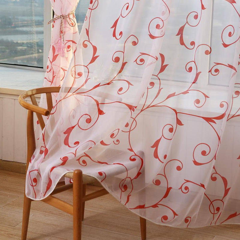 Transparent Voile Floral Print Curtains Bedroom Window Door Curtain (Red)
