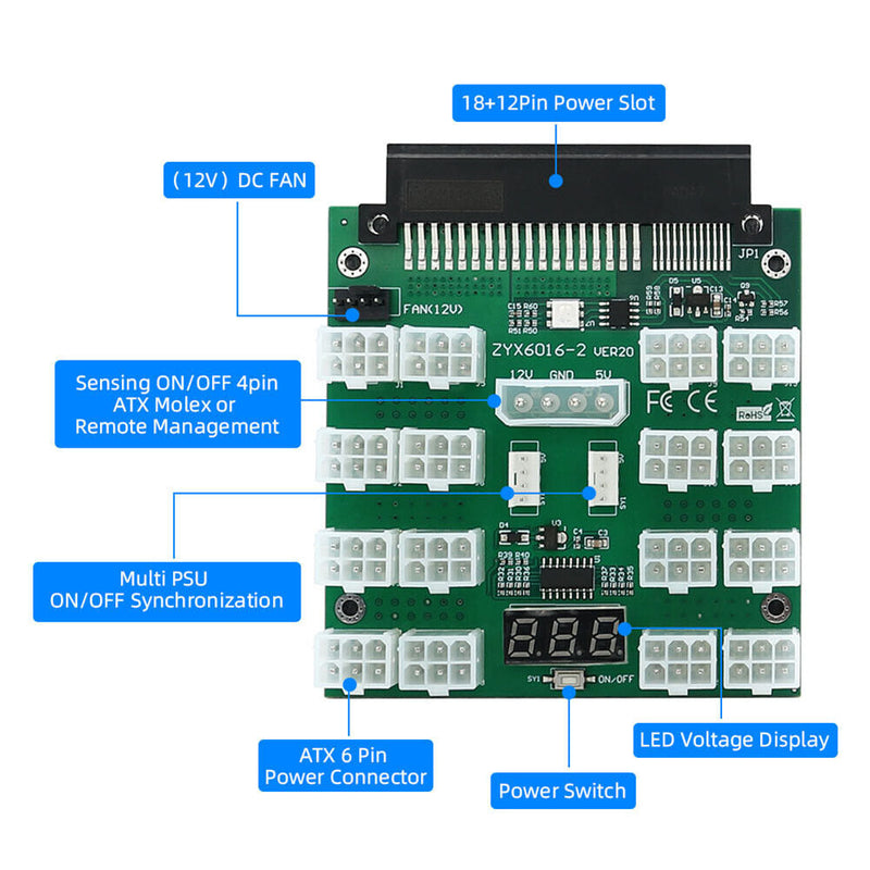 ATX 16x 6Pin Power Supply Module Breakout Board for Dell PSU BTC Mining Newly