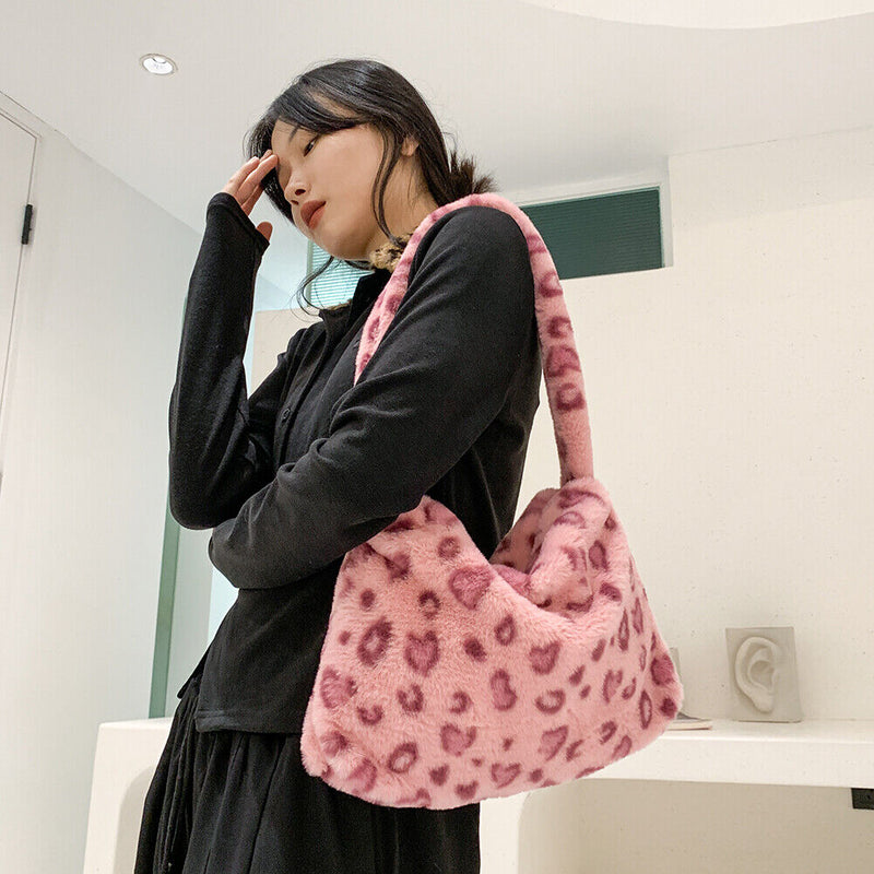 Women Leopard Soft Plush Shoulder Underarm Bags Female Winter Warm Handbags Tote