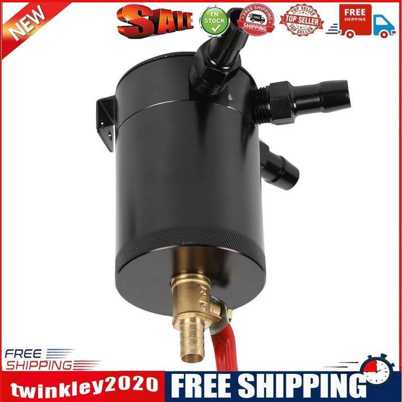 3-Port Baffled Oil Catch Can Tank 2 Inlets 1 Outlet with Drain Valve Black