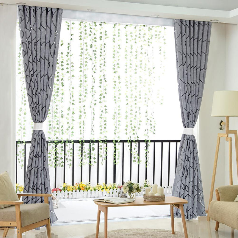 2pcs Semi Blackout Curtain Simple Vine Leaf Partition Window Decor(Grey)