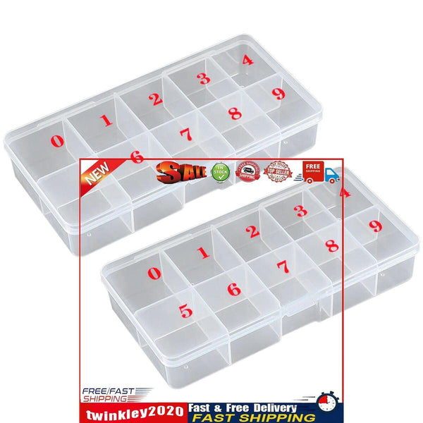 2 Pieces Nail Tip Box Plastic False Nail Art Tips Storage Box with 10 Grid Newly
