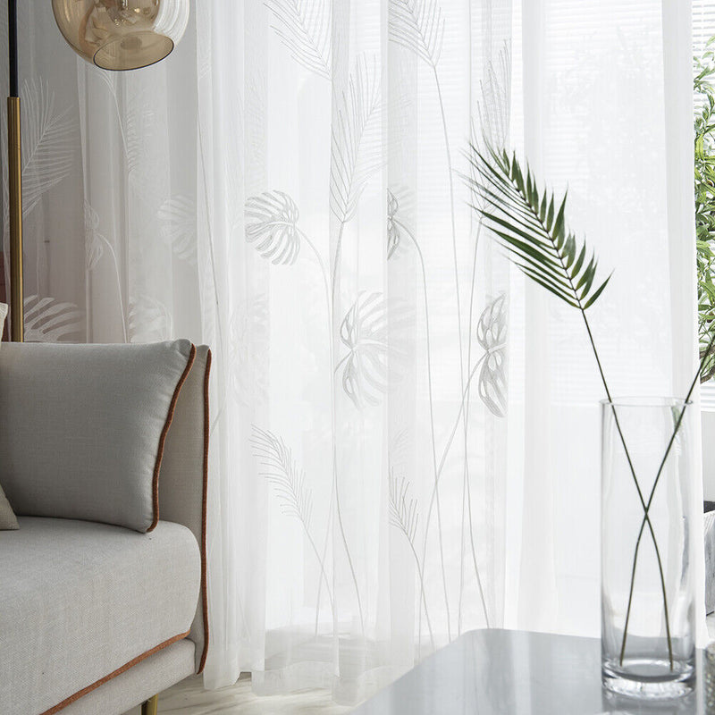 Palm Leaf Windows Tulle Curtains Living Room Bedroom Screen Drapes (White) Newly