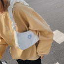 Women Canvas Pleated Armpit Bag Heart Pattern Casual Dumpling Bag (White)