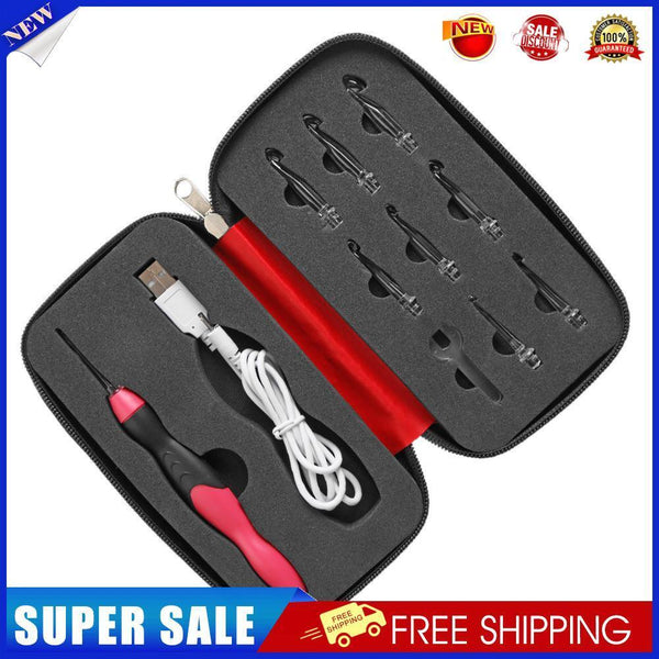 9 in 1 USB Light Up Crochet Hooks Knitting Needles LED Sewing Set Kit (Red)