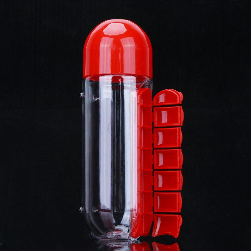 600ML Plastic 2 In 1 Combine Daily Pill Box Drinking Bottles Cups(Red)