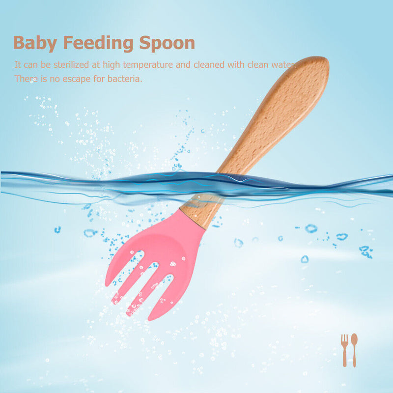 Baby Wooden Silicone Feeding Spoon Toddlers BPA-free Tableware (14) Newly