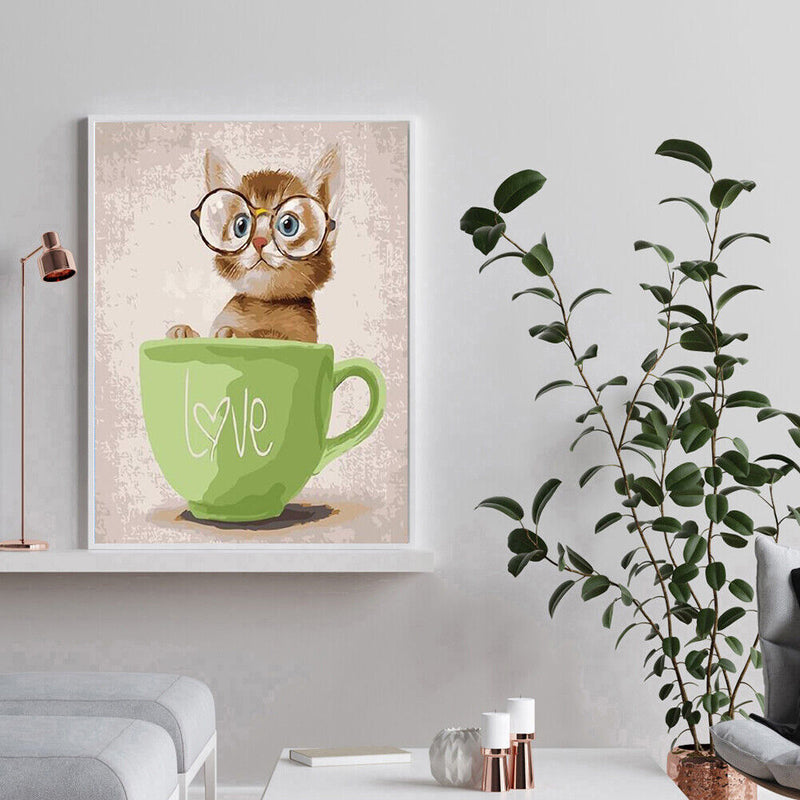 Cartoon Cat Hand Painted Painting DIY Canvas Oil Kit Art Drawing By Numbers Gift