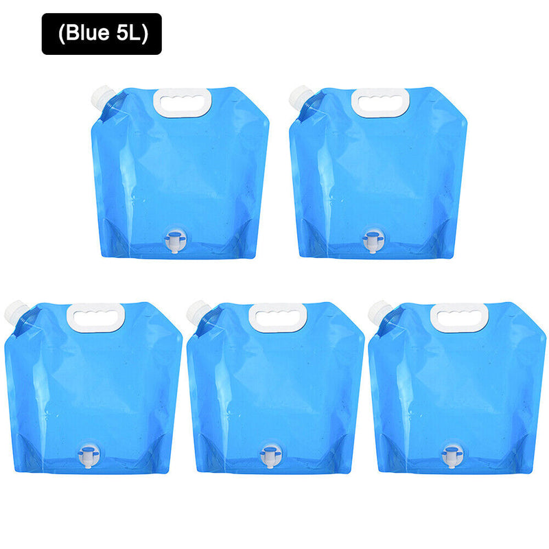 5pcs 5L Portable Outdoor Water Bag Foldable Camping Picnic Carrier (Blue) Newly