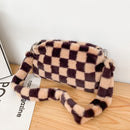 Women Winter Plush Shoulder Bag Cute Print Underarm Bags (Brown Checkered)