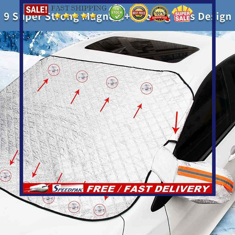 Car sun shield wind and snow cover in winter frost and snow cover