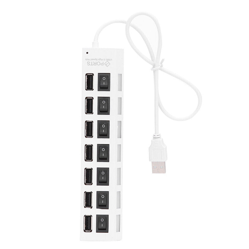 7 Ports High Speed USB 2.0 Hub Splitter w/ON/OFF Switch for Laptop (White)