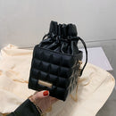 Fashion Women PU Checker Cube Shoulder Bag Solid Color Drawstring Crossbody Bags