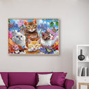 Diamond Painting Full Round Drill Four Cats in Flowers Rhinestone Modern Craft