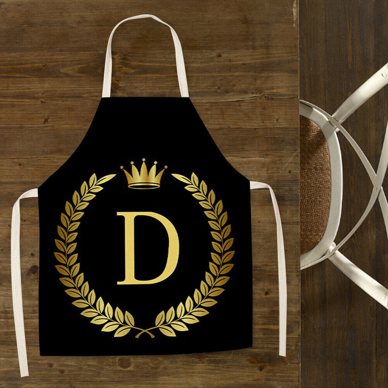 Letter D Printed Linen Apron Kitchen Waterproof Pinafore for Women Men Household