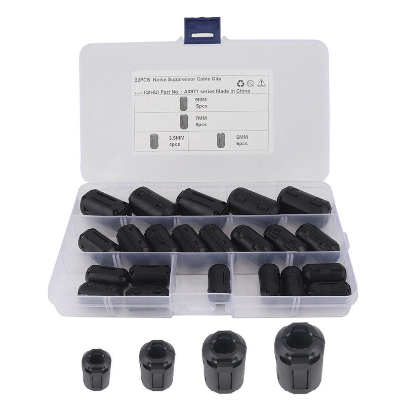 22x Clamp 3.5mm/5mm/7mm/9mm Clip On Ferrite Core Ring Noise Suppressor Filt