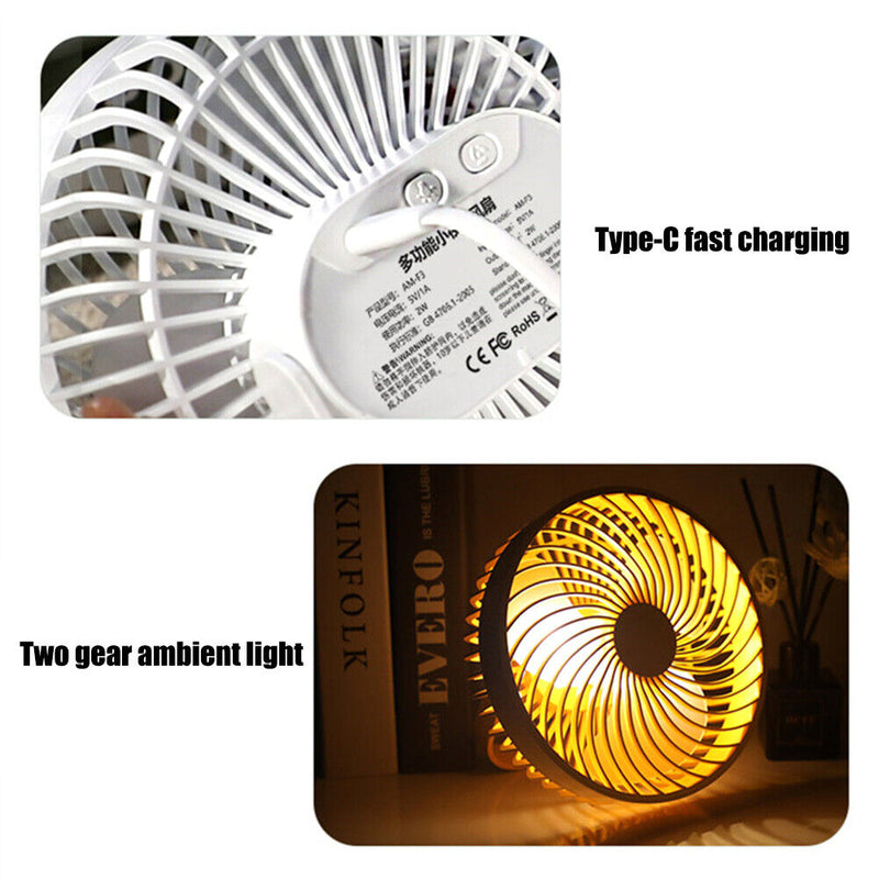 2 in 1 Desktop Cooling Fan LED Night Light Camping Travel Mute Tent Ceiling F