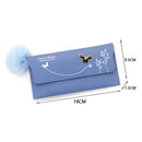 Women PU Flap Wallet with Plush Ball Lady Butterfly Coin Purse (Blue)