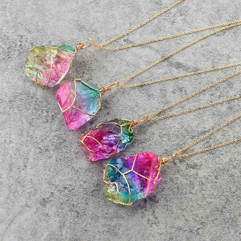 Rainbo Aura Quartz Crystal Pendulum Necklace Pendant B1T3 Crystal Chakra E6H6