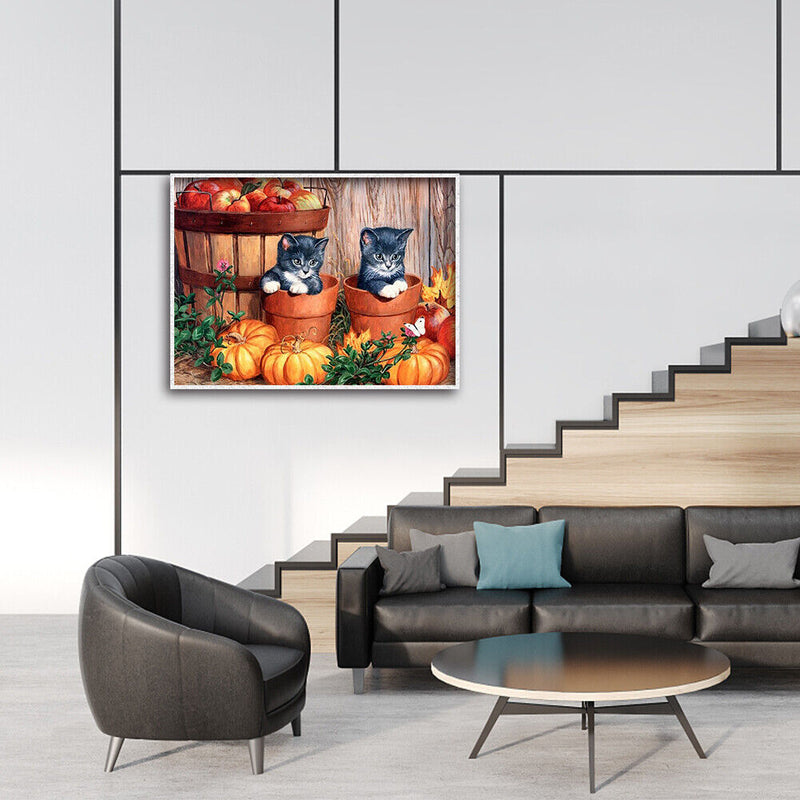 5D DIY Diamond Painting Full Round Cats and Pumpkin Mosaic Rhinestone Picture