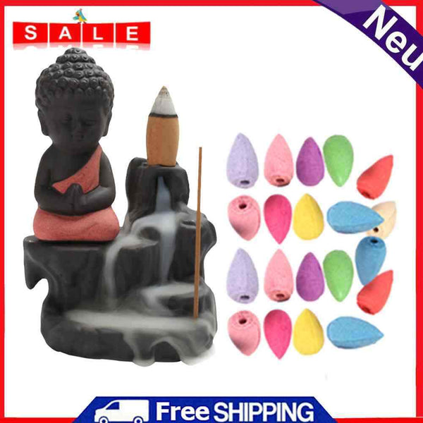 20pcs Incense Cones 1pcs Burner Little Monk Incense Censer Waterfall Backflow