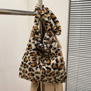 Women Simple Fashion Messenger Bag Soft Fur Leopard Winter Autumn Travel Handbag