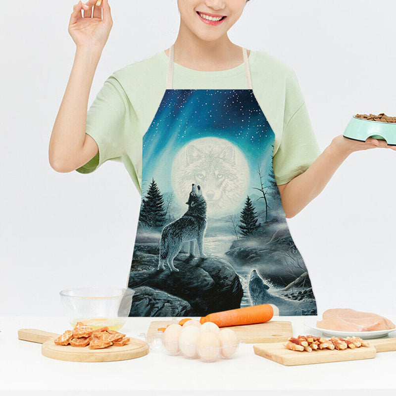 Kitchen Aprons for Women Men Household Baking Night Wolf Linen Cook Tablier