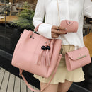 3pcs/set Fashion Women Beads Tassel PU Clutch Shoulder Bucket Bags (Pink)