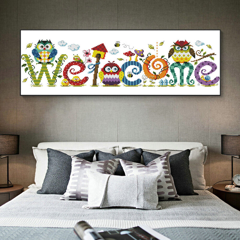 Owl Welcome Sign 14CT Counted Embroidery DIY Cotton Thread Partial Cross Stitch