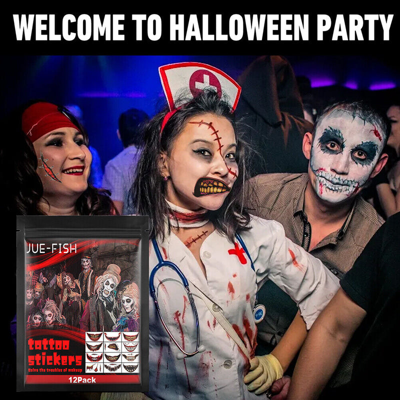 Halloween Big Mouth Tattoo Stickers Waterproof 12 Piece for Arm Face Hand Neck