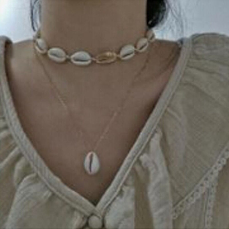 Women Bohemian Beach Jewelry Multilayer Shell Necklace Cowry Seashell Pendant