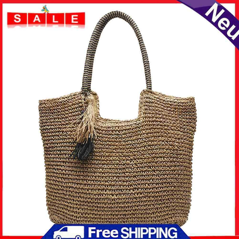 Female Large Capacity Woven Portable Shoulder Bag Handmade Straw Tote Handbag