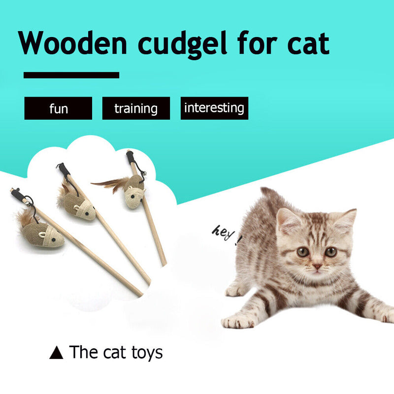 Pet Cat Teaser Stick Toys Sisal Feather Wood Wall Catcher Rod Interactive Toys