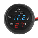 3 in 1 12/24V Car Auto LED Digital Voltmeter Gauge+Thermometer+USB Charger Blue